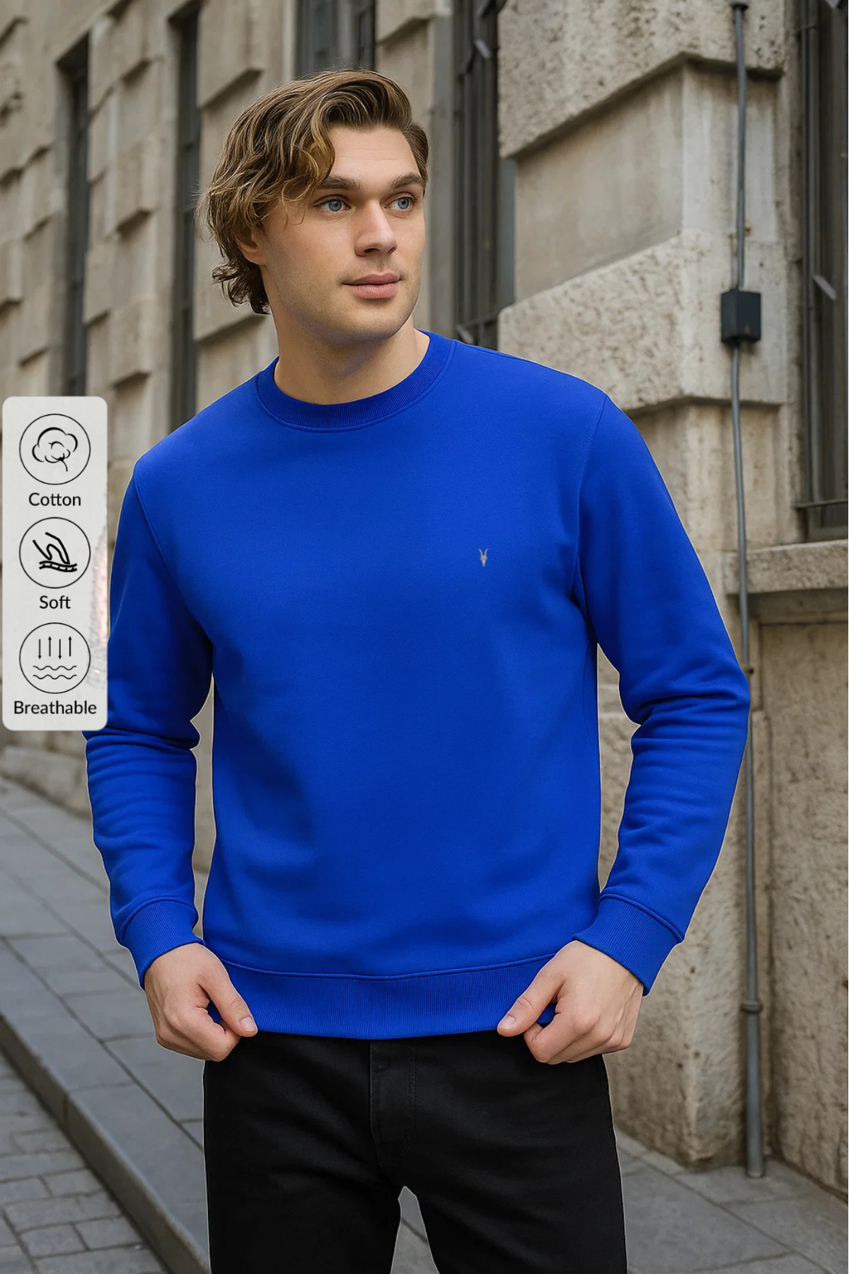 Mavi Renk Basic Bisiklet Yaka Relaxed Regular Erkek Sweatshirt - MAVİ