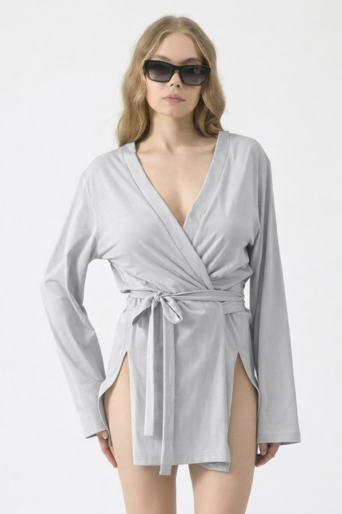 Kadın Plaj Giyim Rahat Kuşaklı Gri Kimono