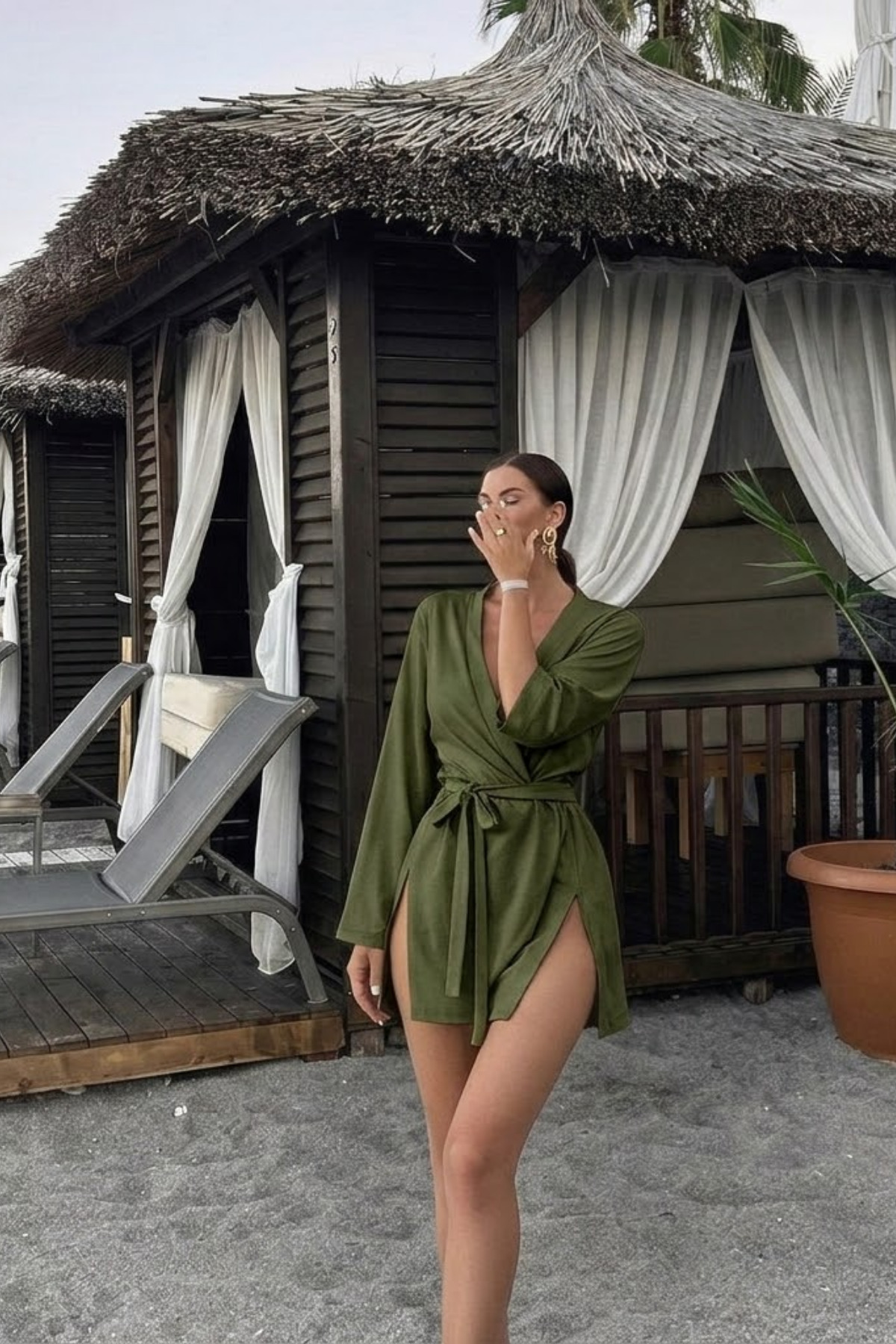 Kadın Straight Fit Basic Haki Mini Kimono