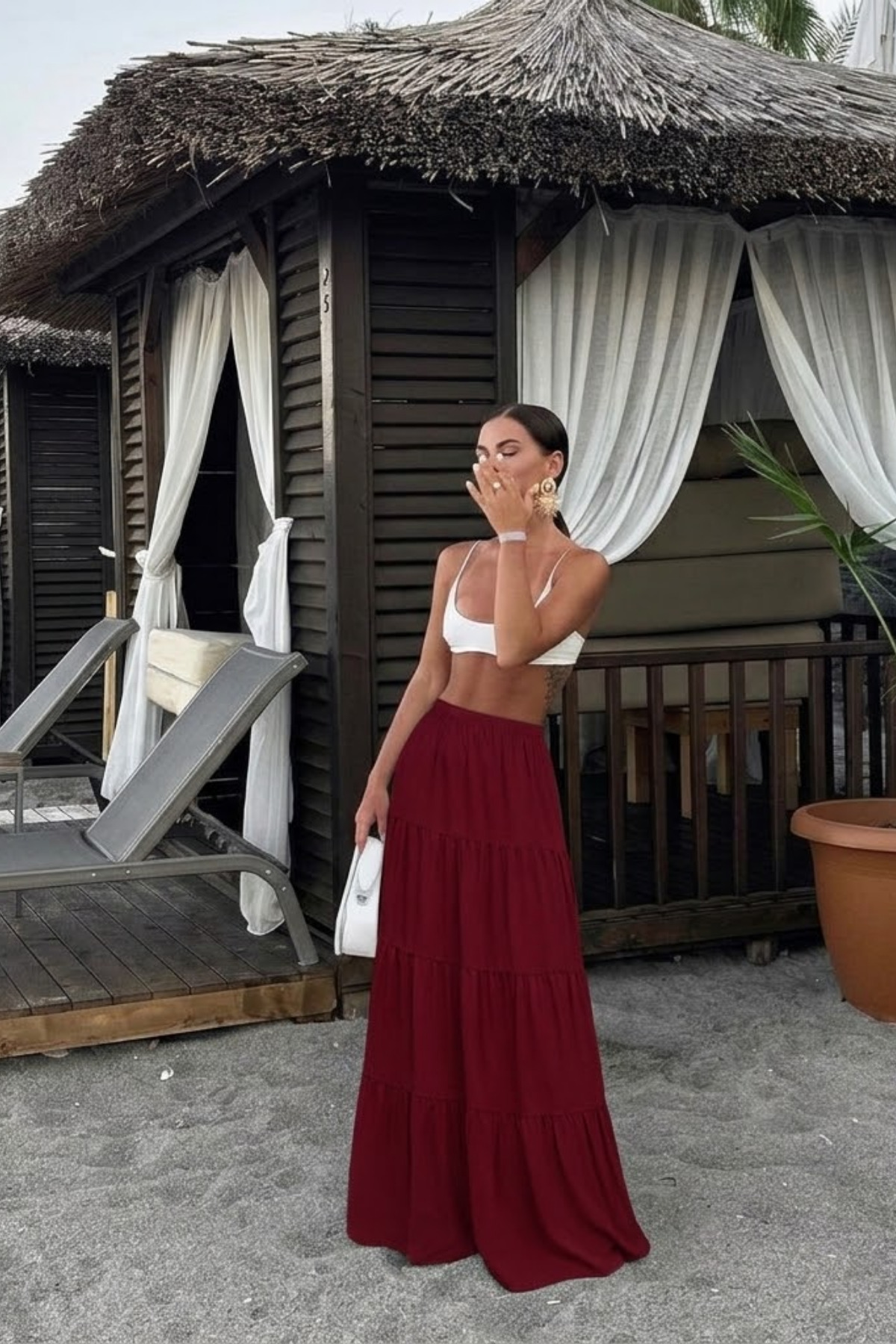 Kadın Comfort Fit Basic Bordo Uzun Kloş Etek