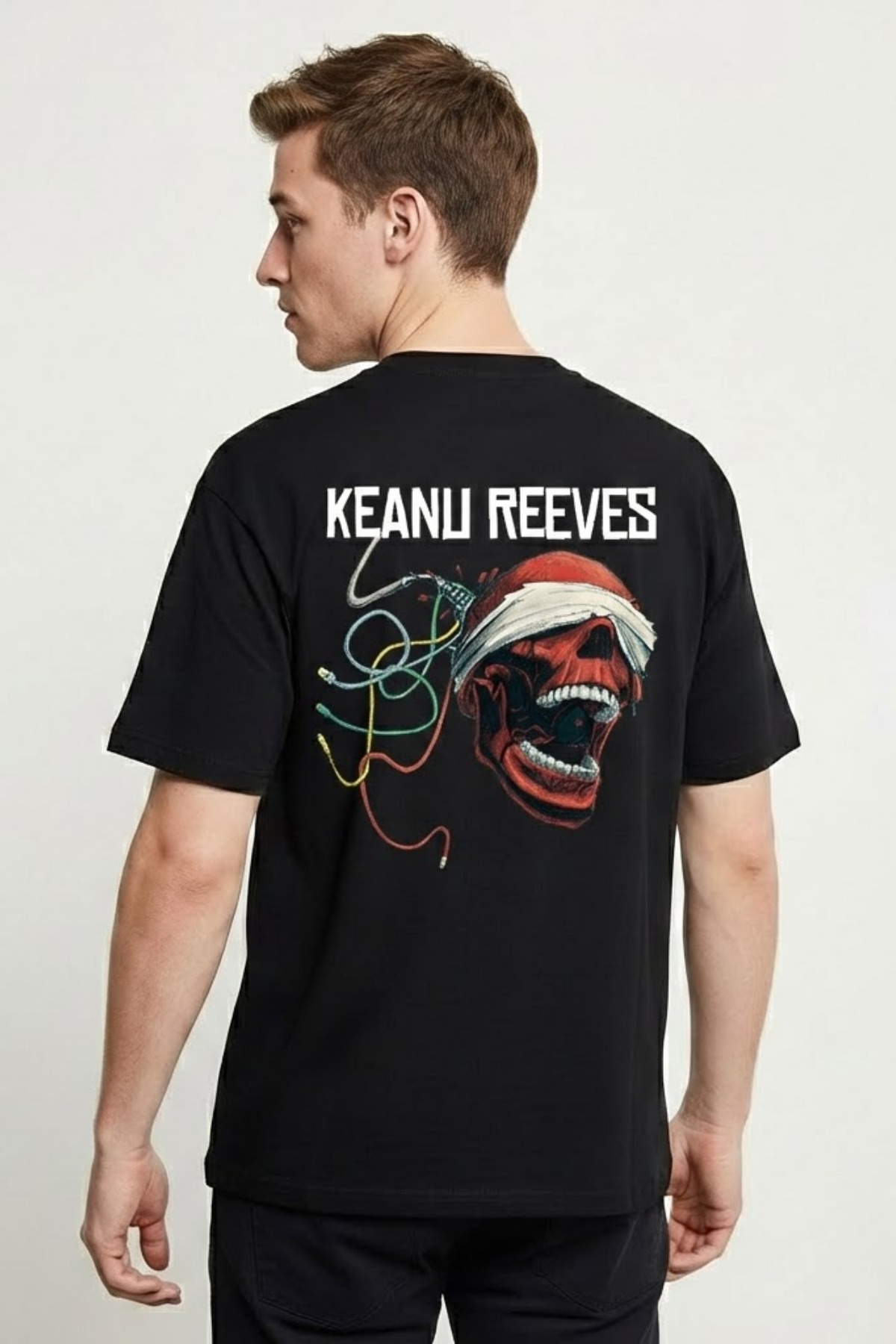 Erkek REEVES Yazı Baskılı Bol Siyah Tişört