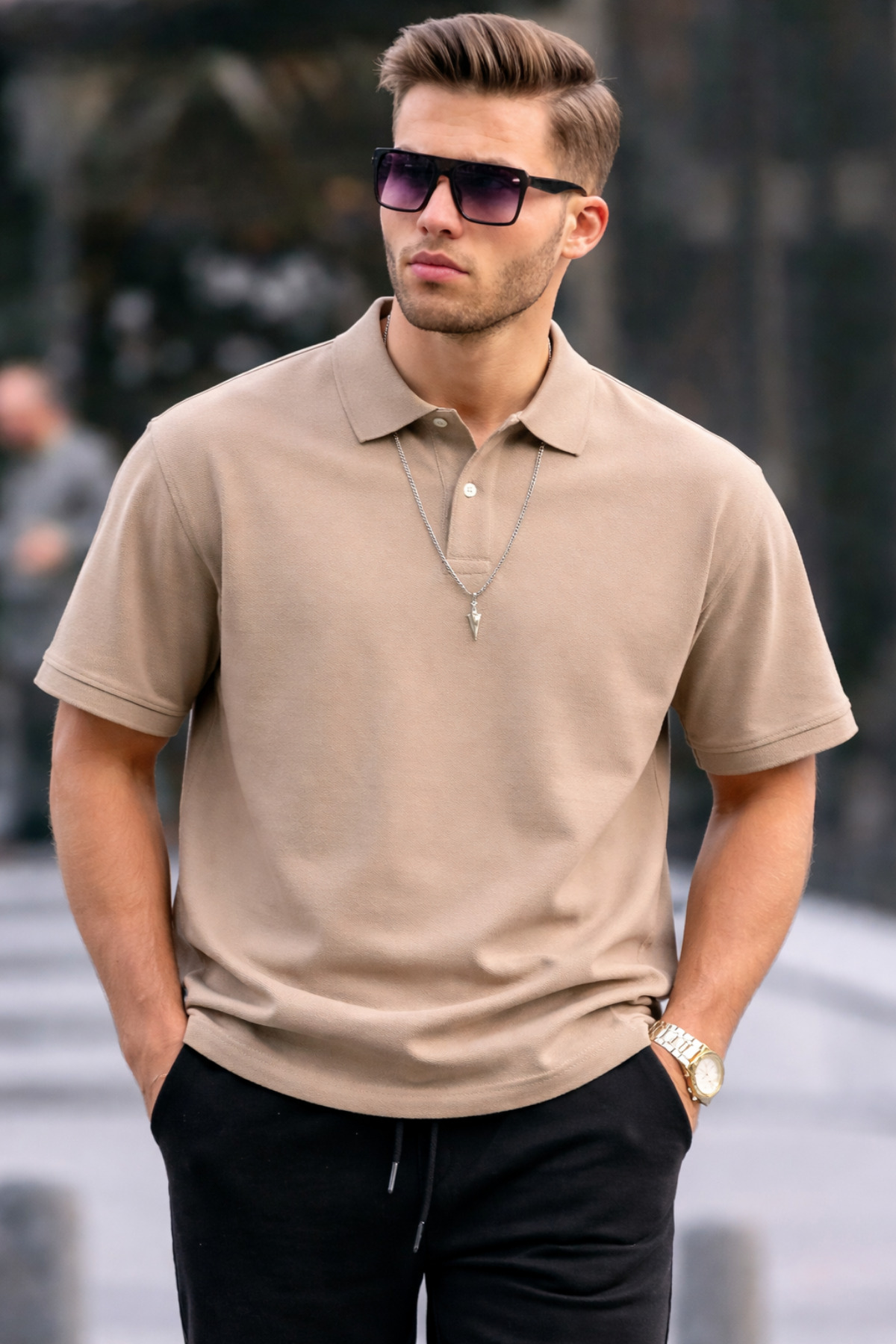 Erkek Basic Relax Krem Polo Yaka Tişört