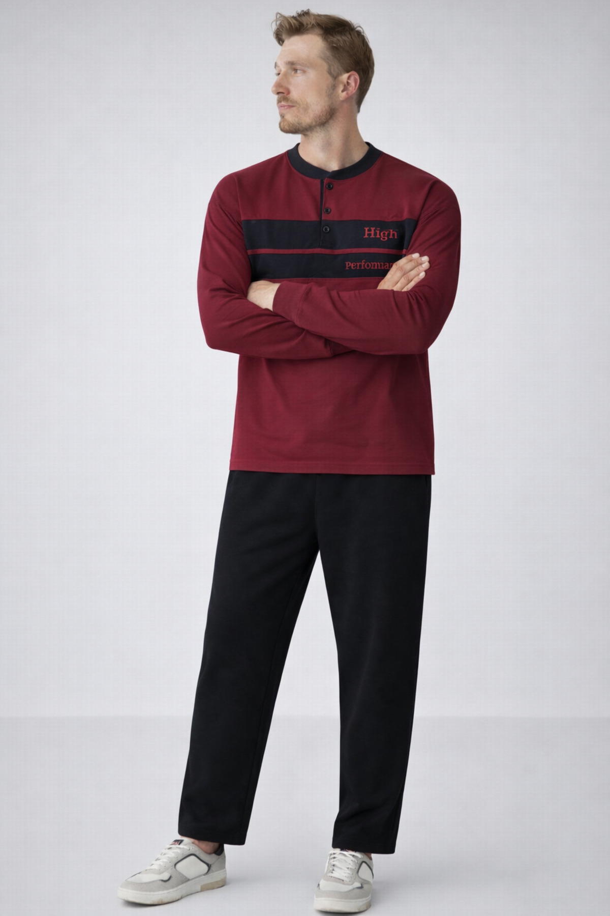 Erkek Relax Fit Baskılı Bordo Pijama Takımı
