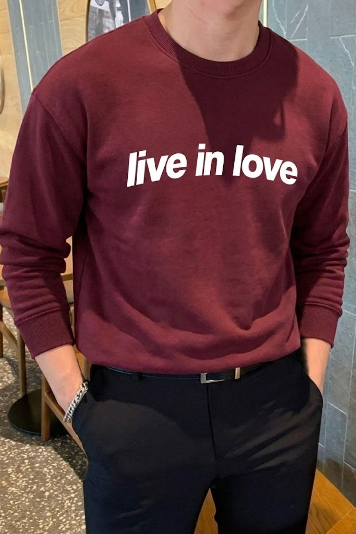 Live In Love Baskılı Pamuklu Erkek Bordo Sweatshirt
