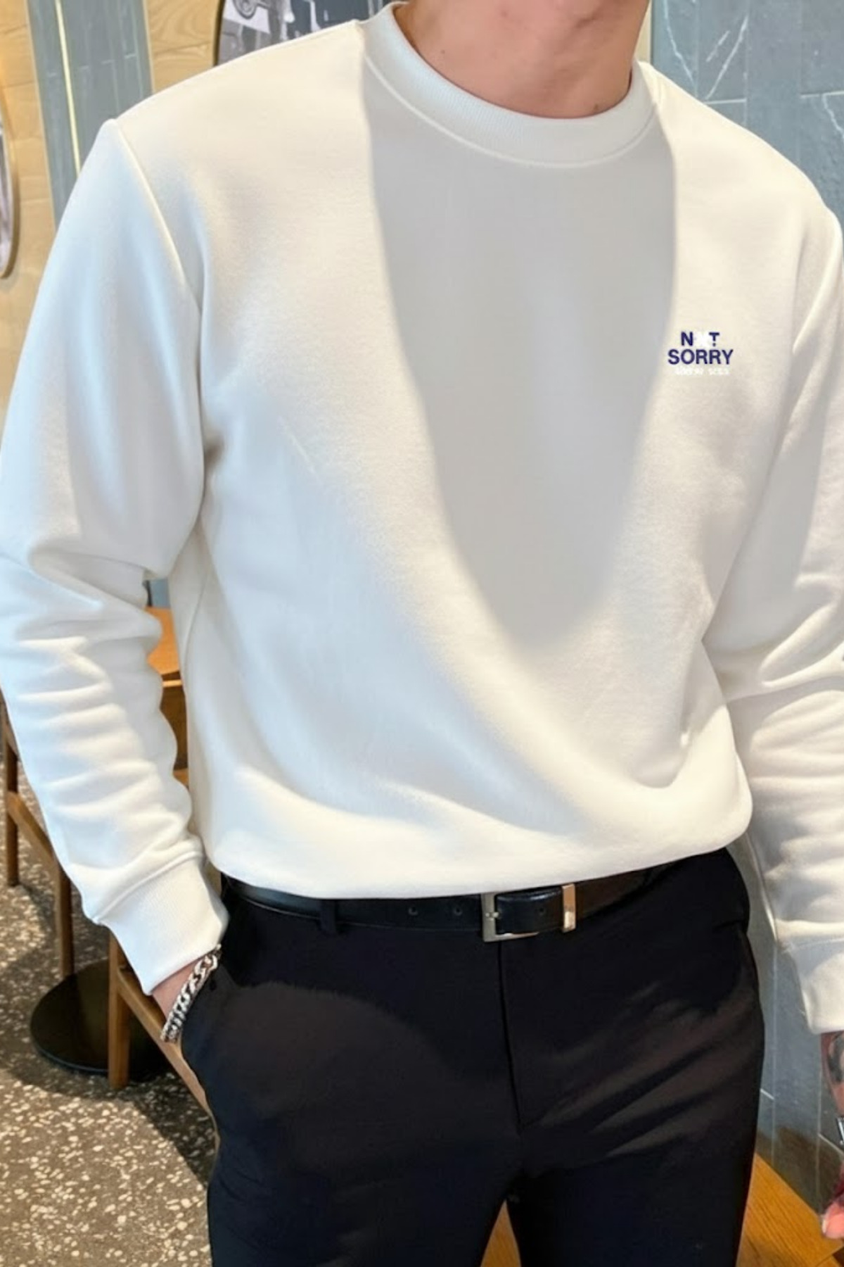 Erkek Sorry Never Baskılı Ekru Sweatshirt