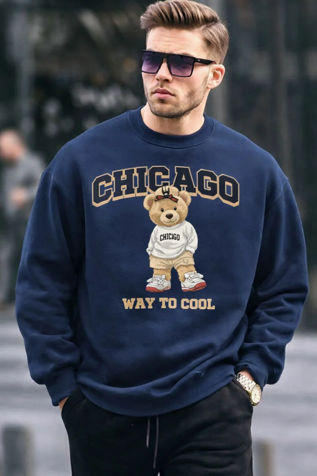 Chicago Bear Nakışlı Retro Şehir Erkek Lacivert Sweatshirt