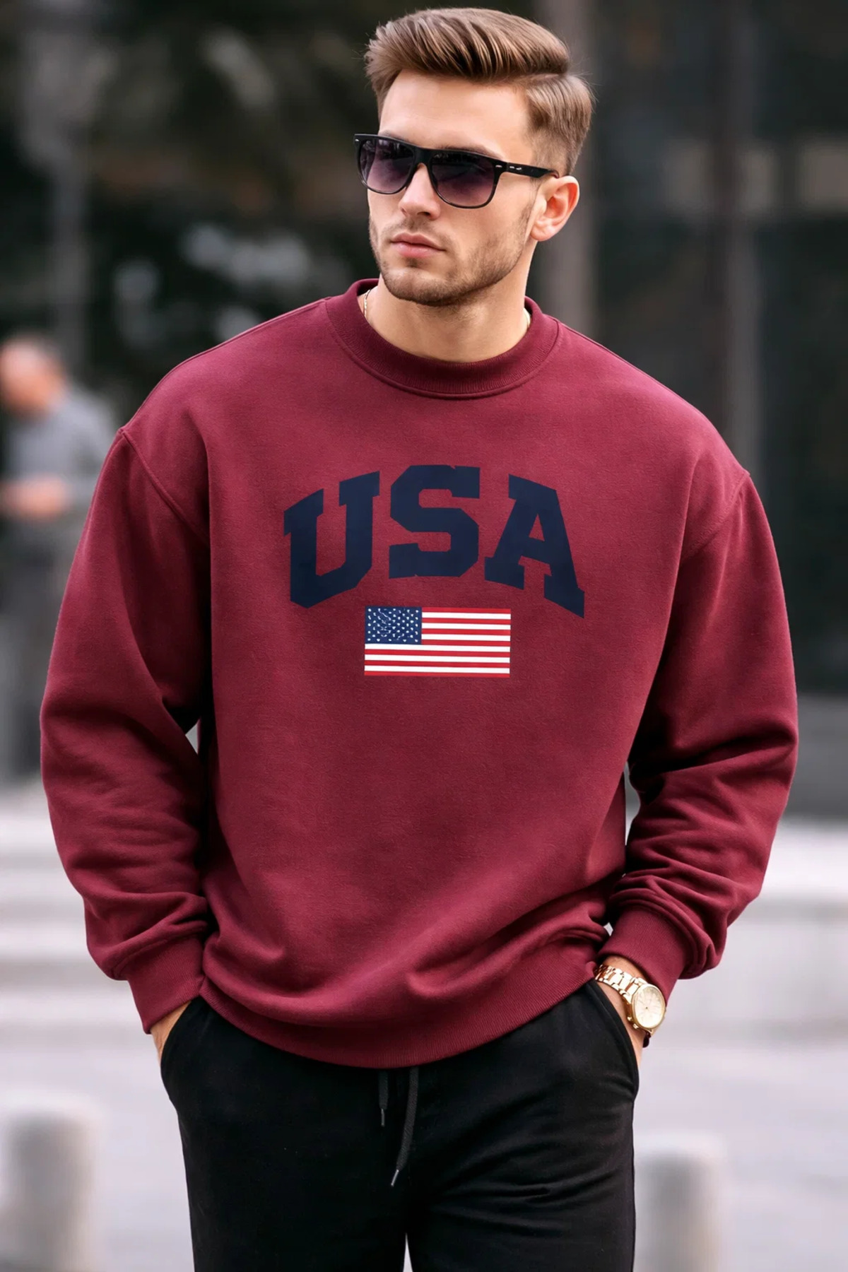 Erkek USA Baskılı Comfort Bordo Sweatshirt