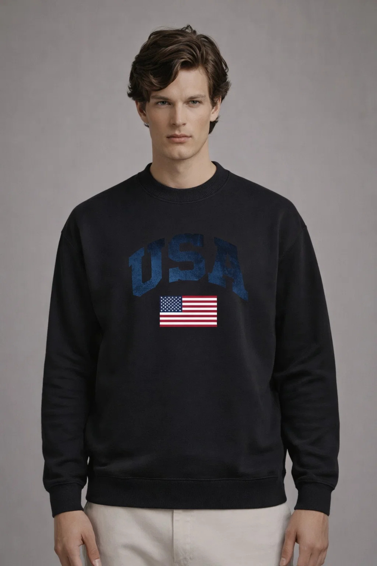 Erkek Amerika Baskılı Bol Siyah Sweatshirt