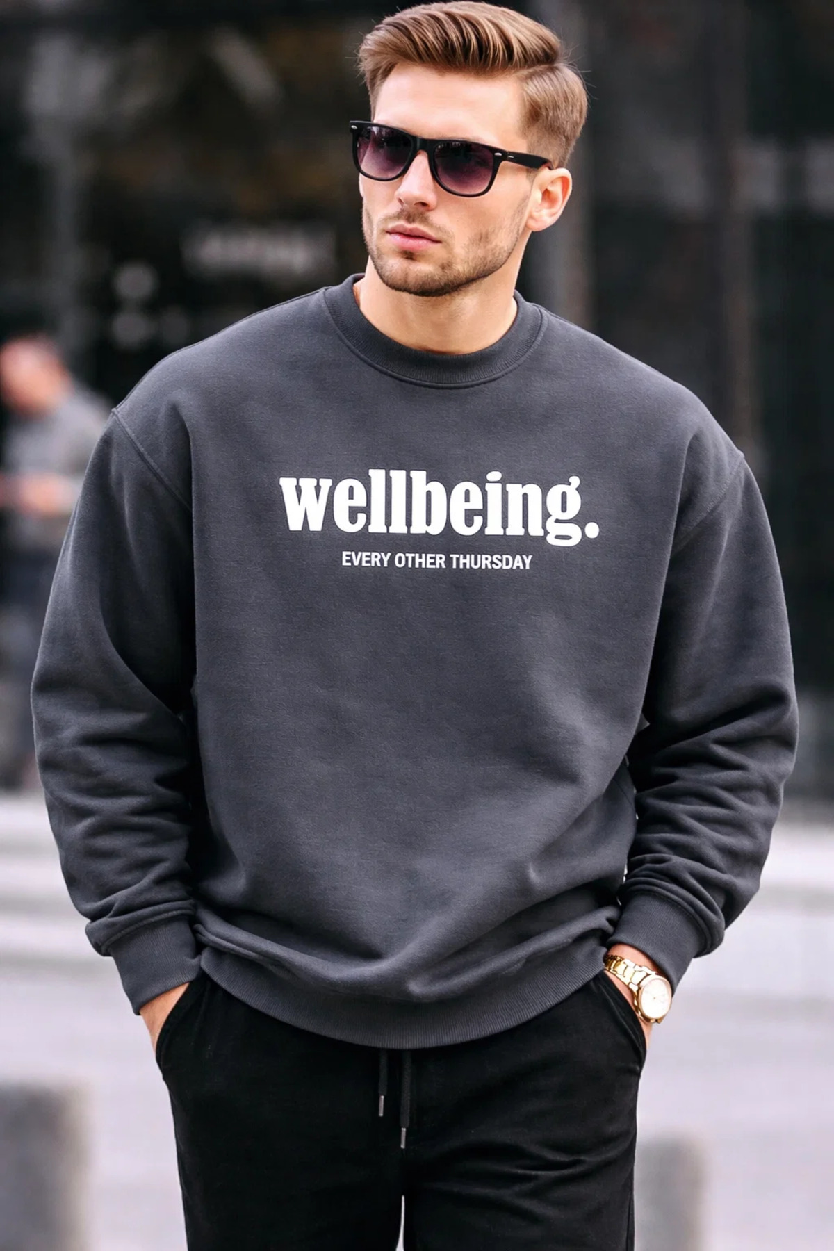 Erkek Wellbeing Baskılı Füme Sweatshirt