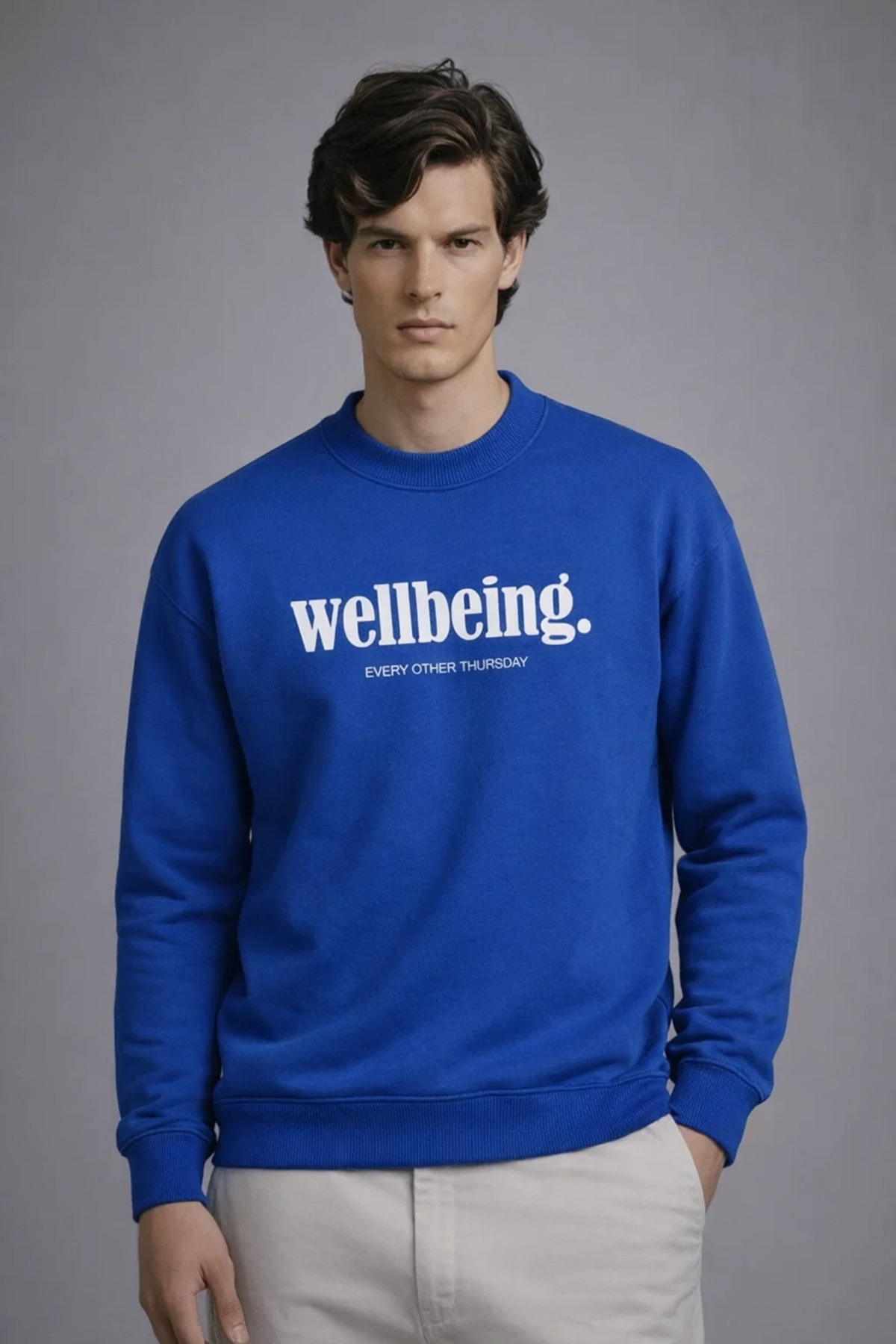 Erkek Yazı Baskılı Salaş Mavi Sweatshirt