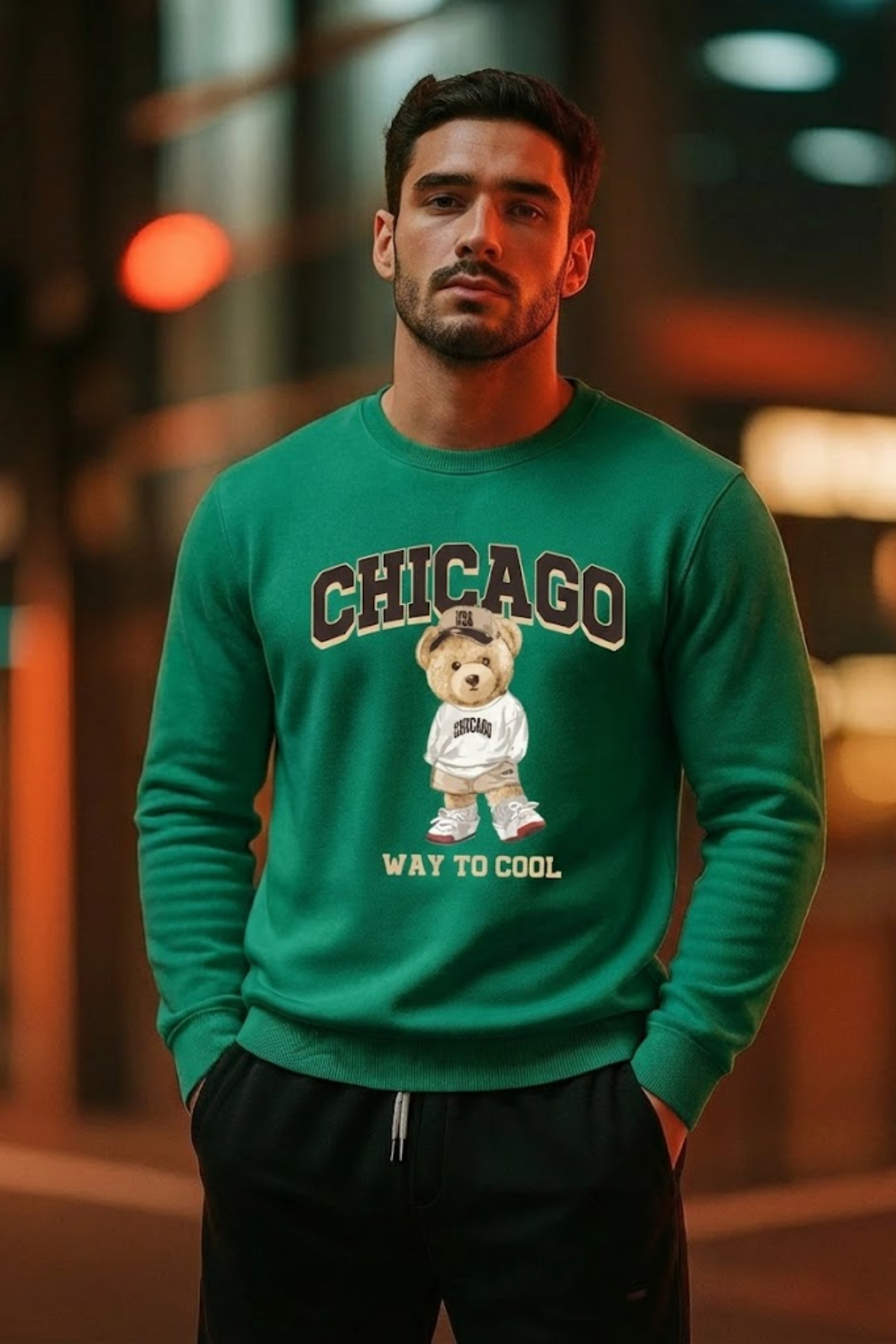 Erkek Ayıcık Baskılı Salaş Yeşil Sweatshirt