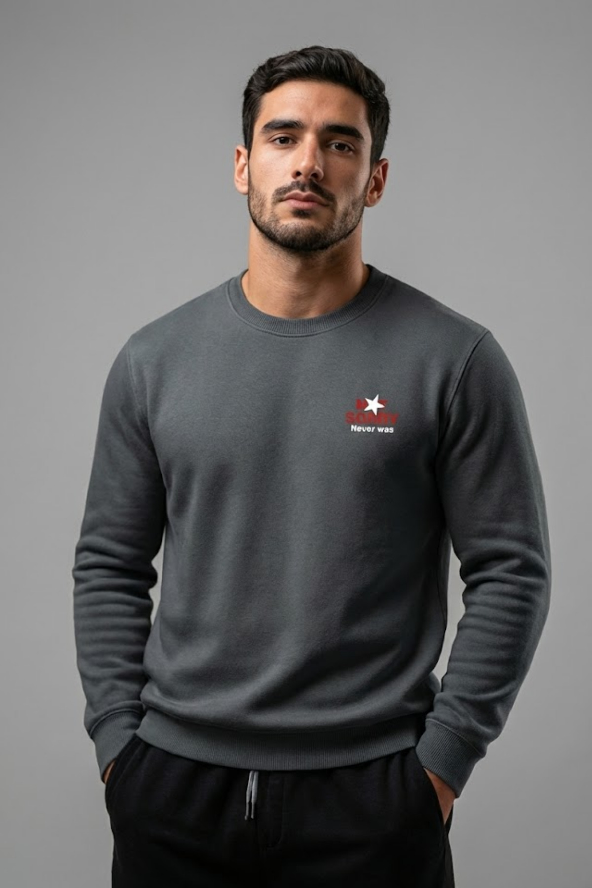 Erkek Göğüs Yazı Baskılı Füme Sweatshirt