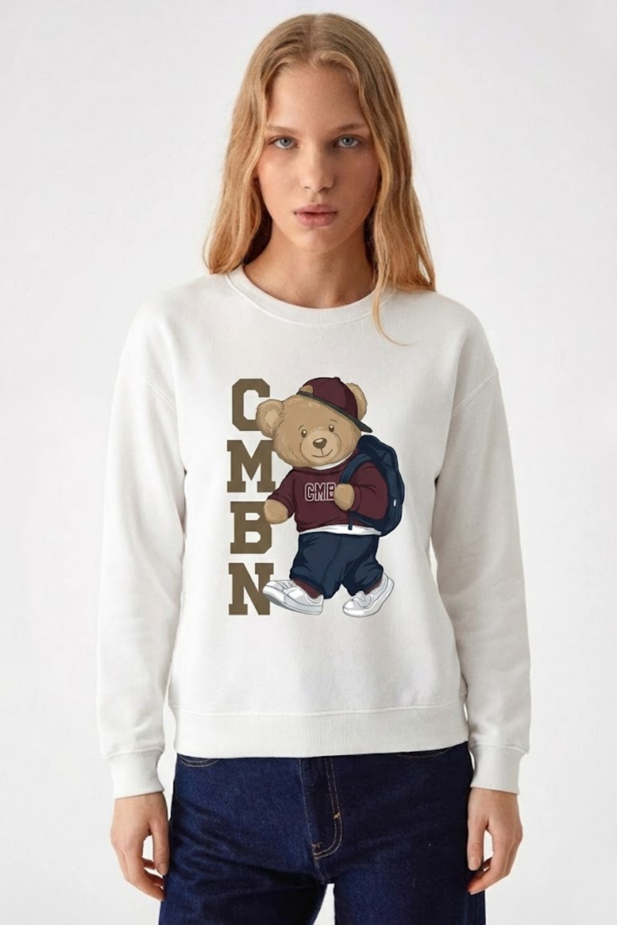 Kadın CMBN Ayıcık Baskılı Ekru Sweatshirt
