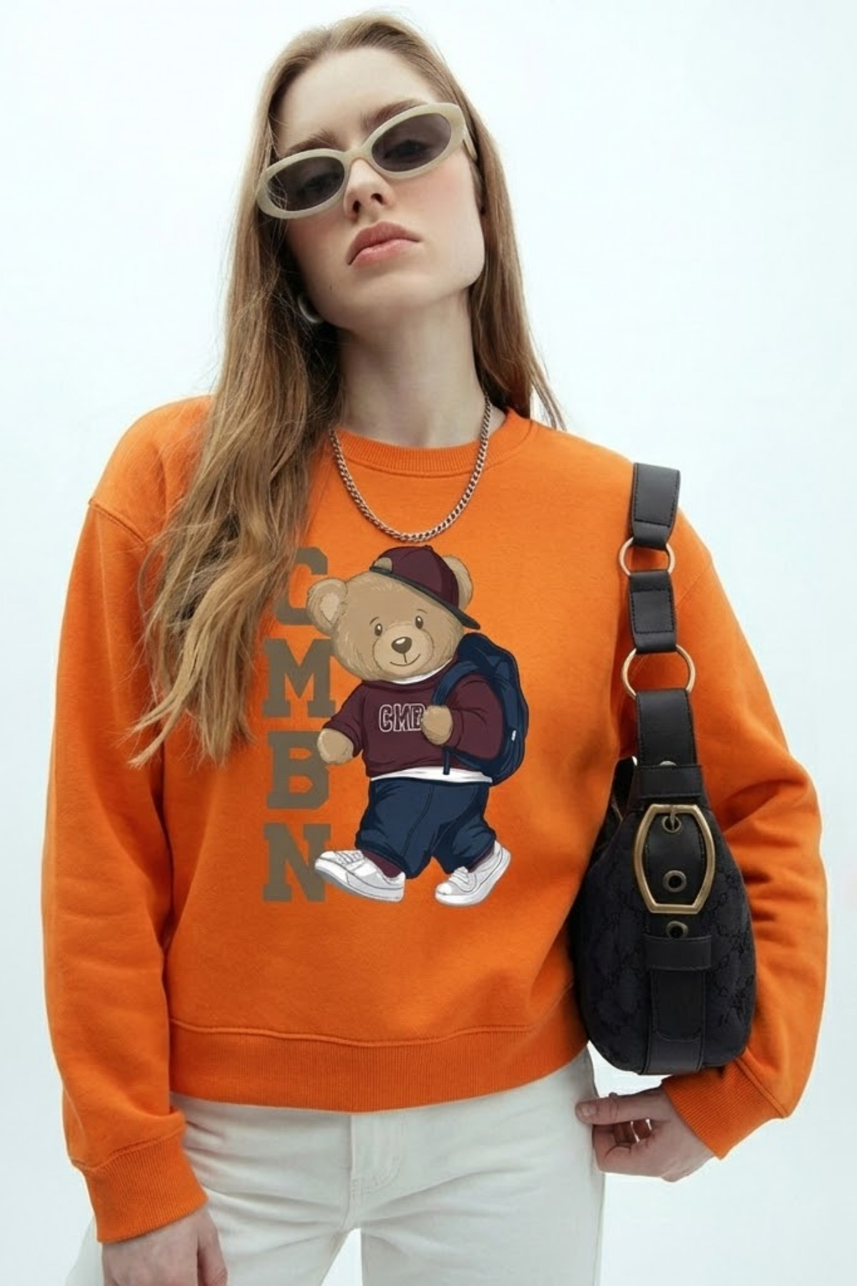 Kadın Ayıcık Baskı Turuncu Relax Sweatshirt
