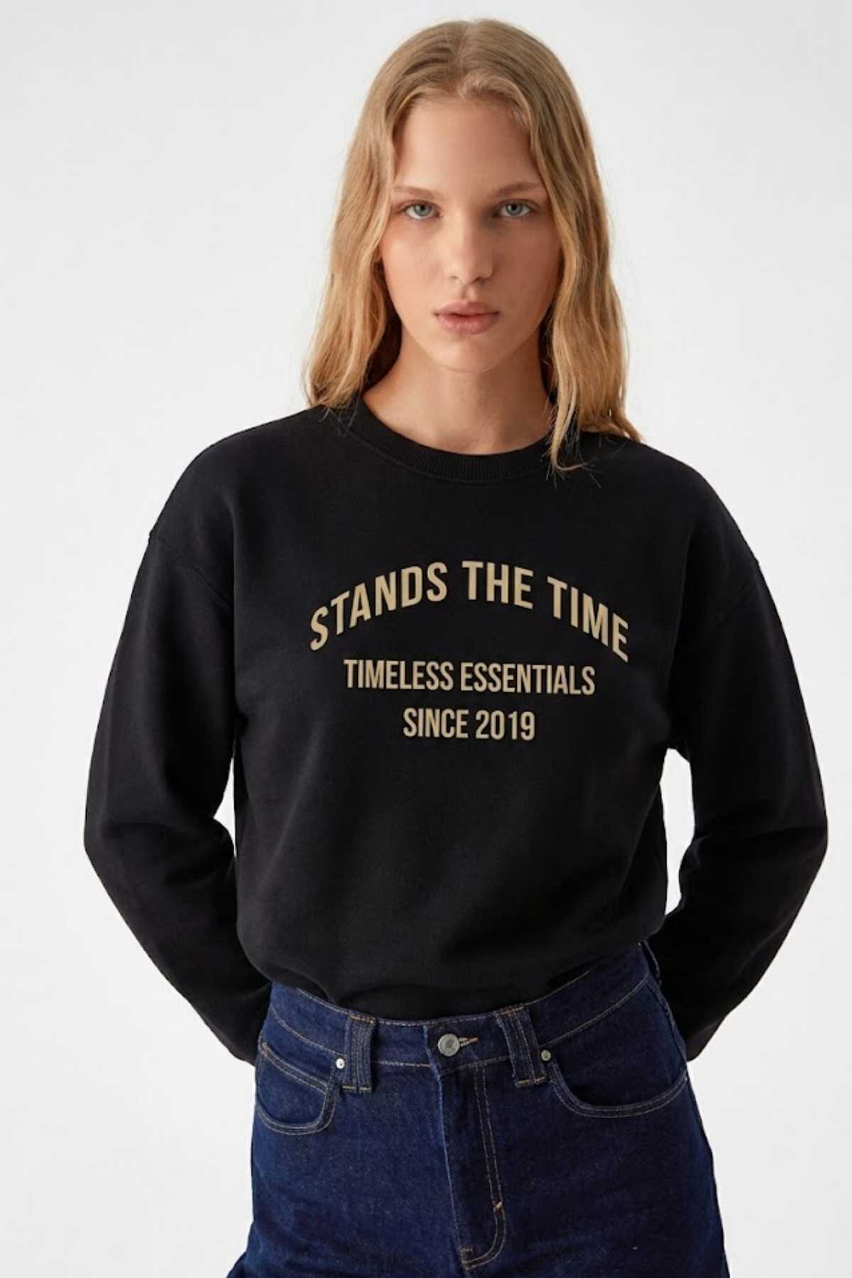 Kadın Time Yazı Baskılı Siyah Sweatshirt