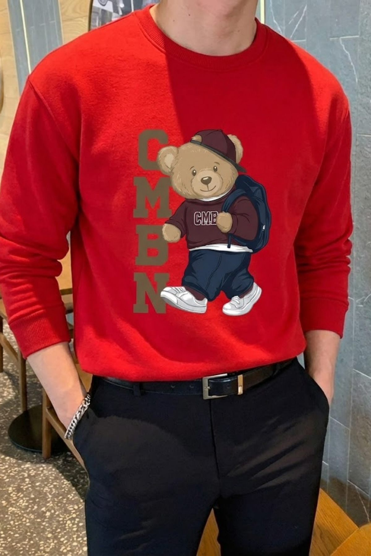 Erkek Comfort Ayı Baskı Kırmızı Sweatshirt