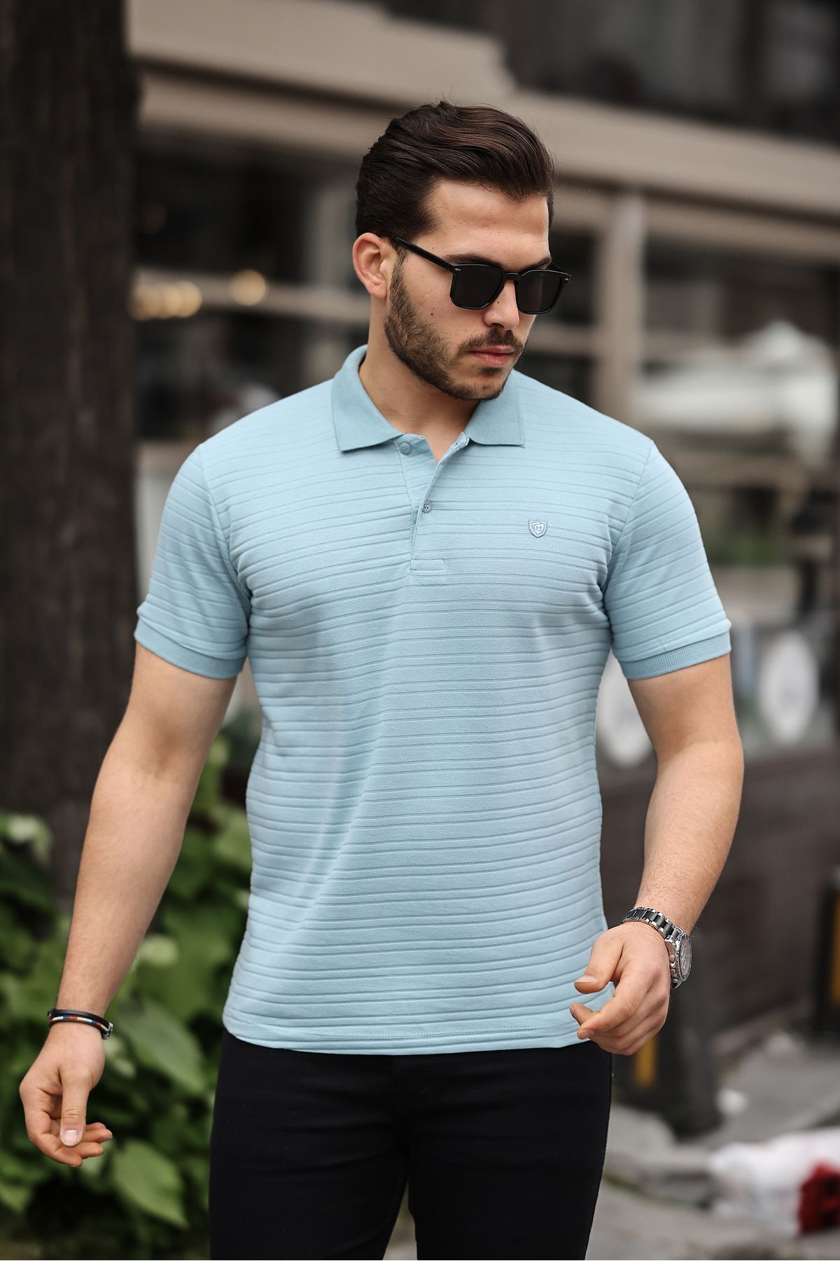 Erkek %100 Pamuklu Kumaş Slim Fit Kesim Açık Mavi Polo Yaka T-shirt