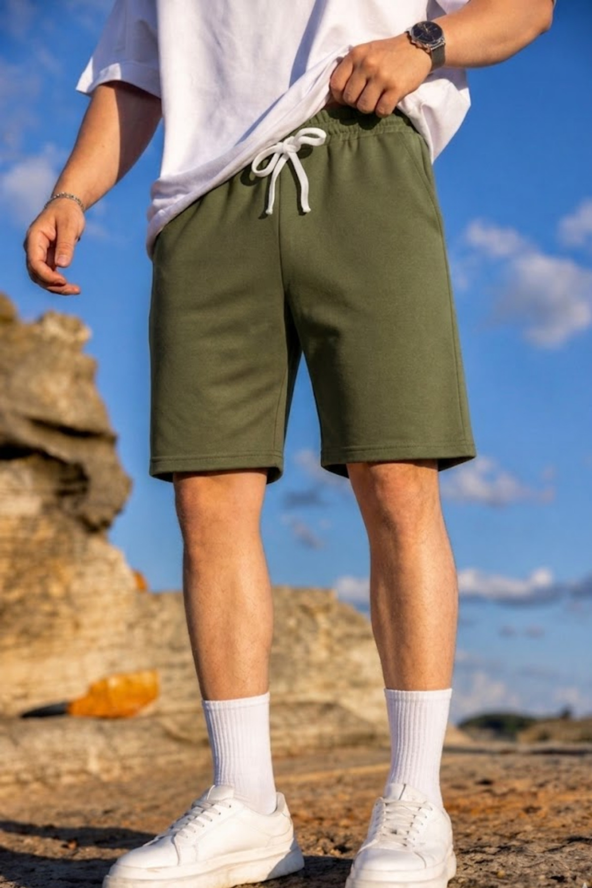 Erkek Pamuklu Casual Cepli Bol Haki Şort