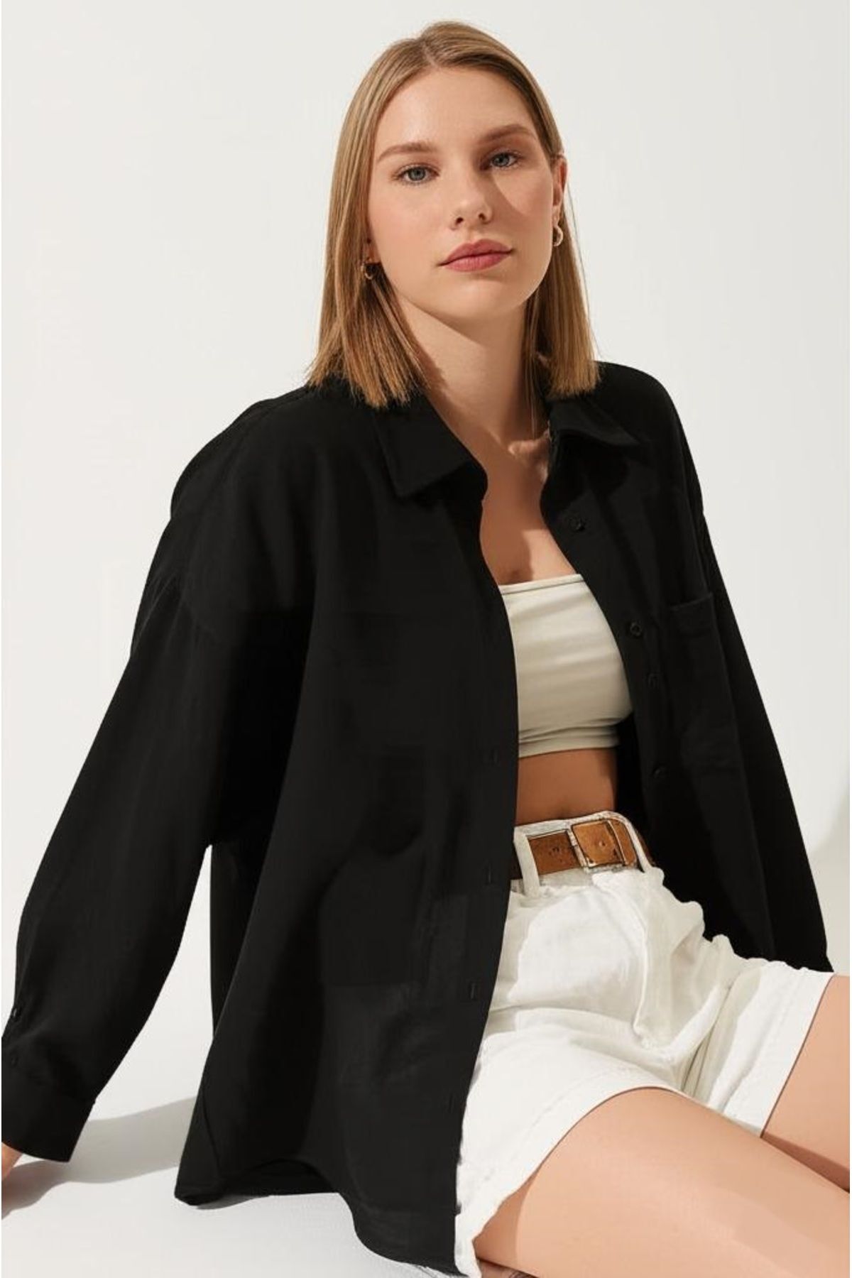 Kadın Siyah Oversize Keten Gömlek