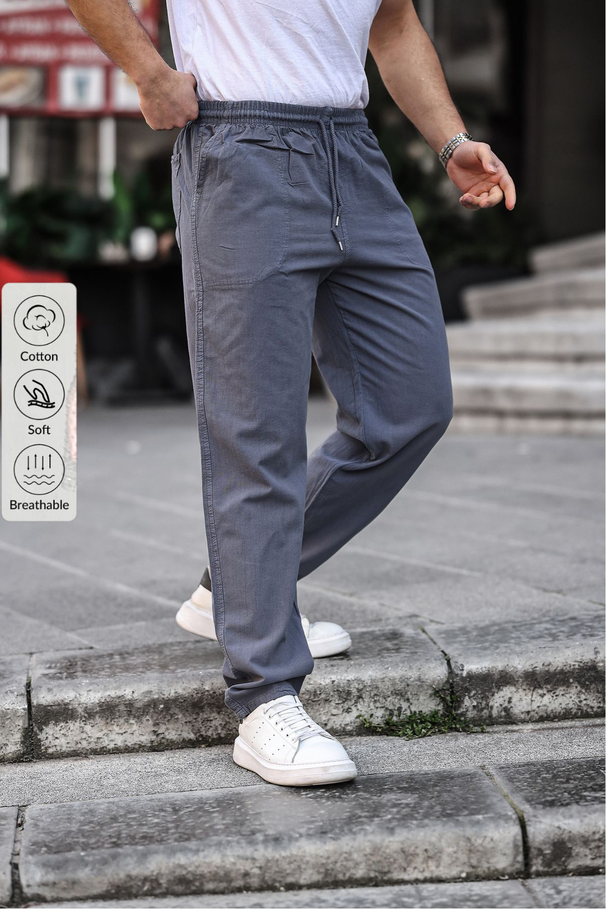 Füme Renk Erkek Yazlık Keten Karışımı Relaxed Pantolon - FÜME