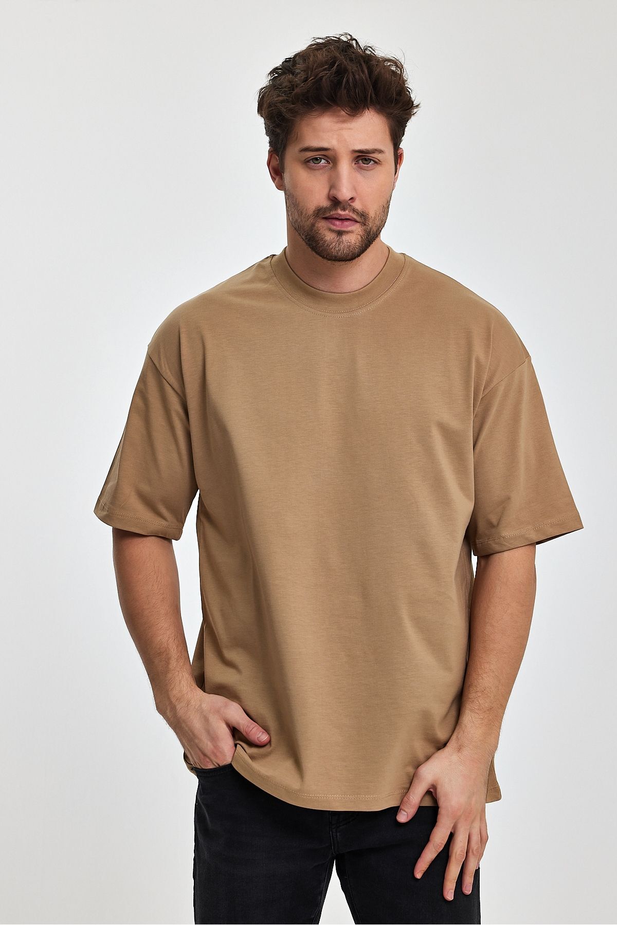 Erkek Oversize Fit Kalın Kumaş Dokulu Bisiklet Yaka T-shirt