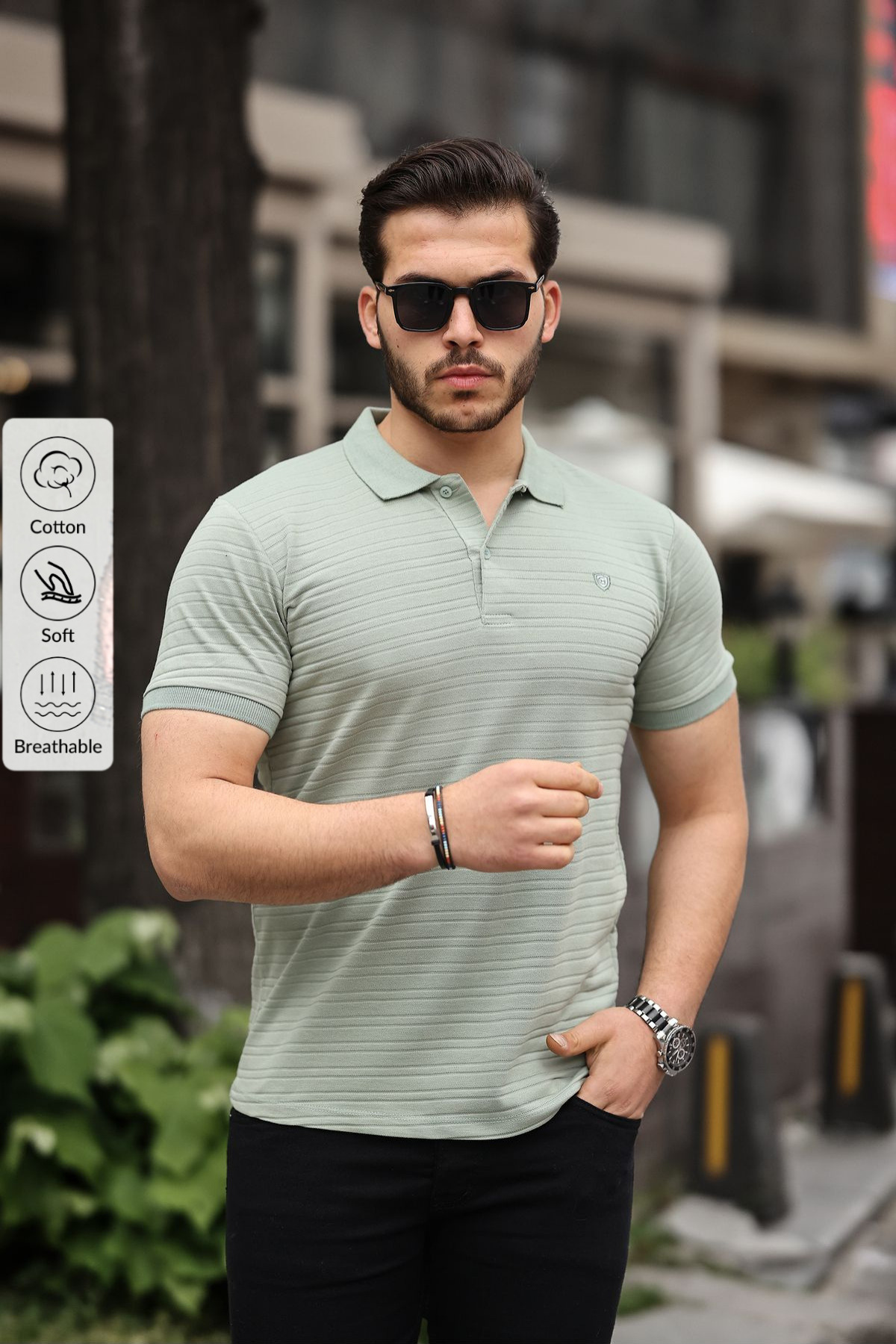 Erkek Çekmeyen Pamuklu Kumaş Slim Fit Çağla Kıvrılmaz Polo Yaka T-shirt