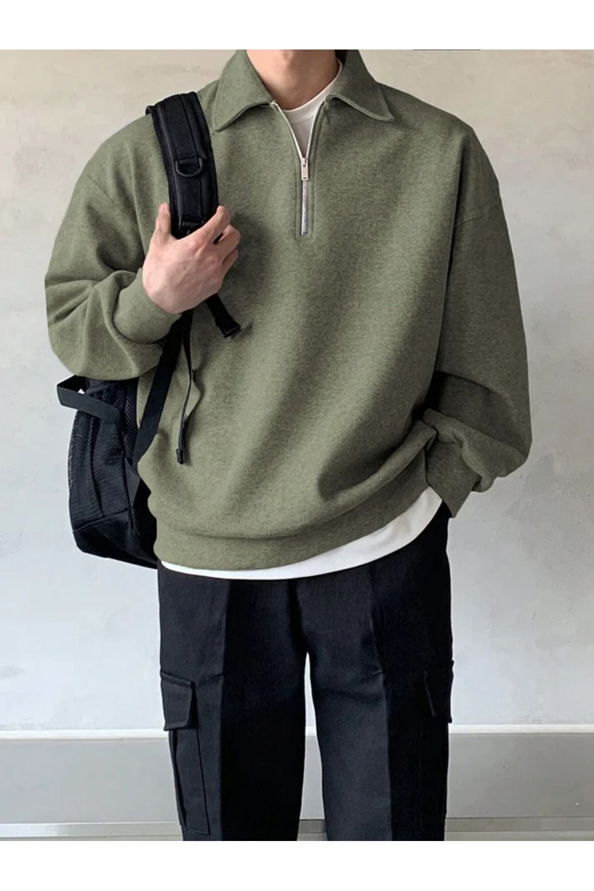 Erkek Polo Yaka Yarım Fermuarlı Sweatshirt HAKİ