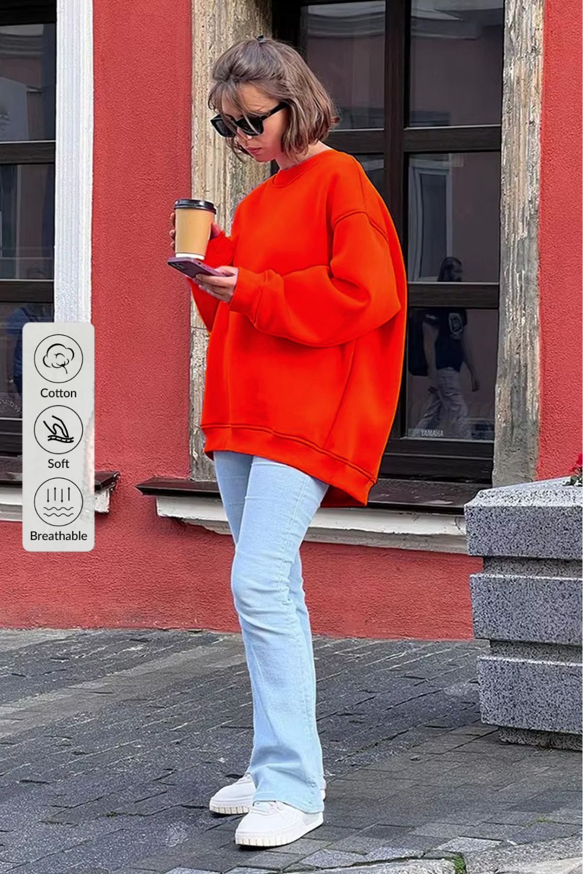Kadın Bisiklet Yaka İçi Şardonlu, Kışlık Yumuşak Bol Sweatshirt TURUNCU