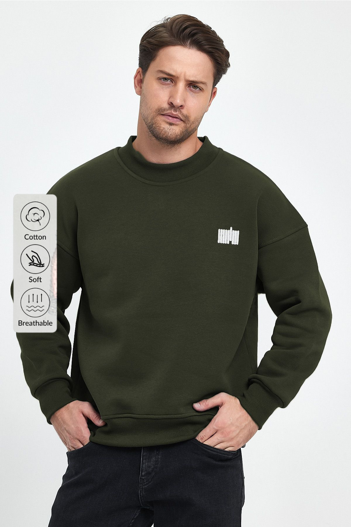 Erkek Boğazlı Nakışlı Oversize Sweatshirt  HAKİ