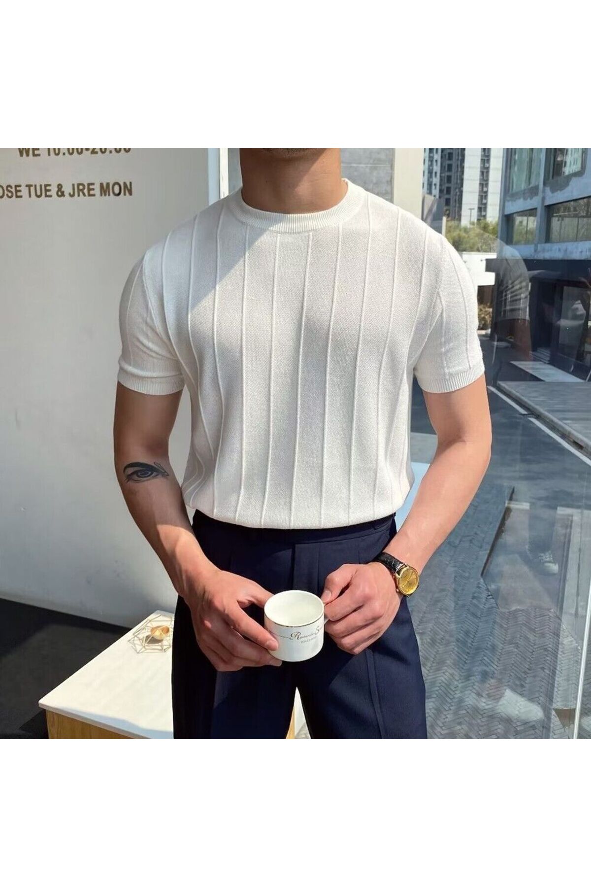 Erkek Bisiklet Yaka Örme T-shirt