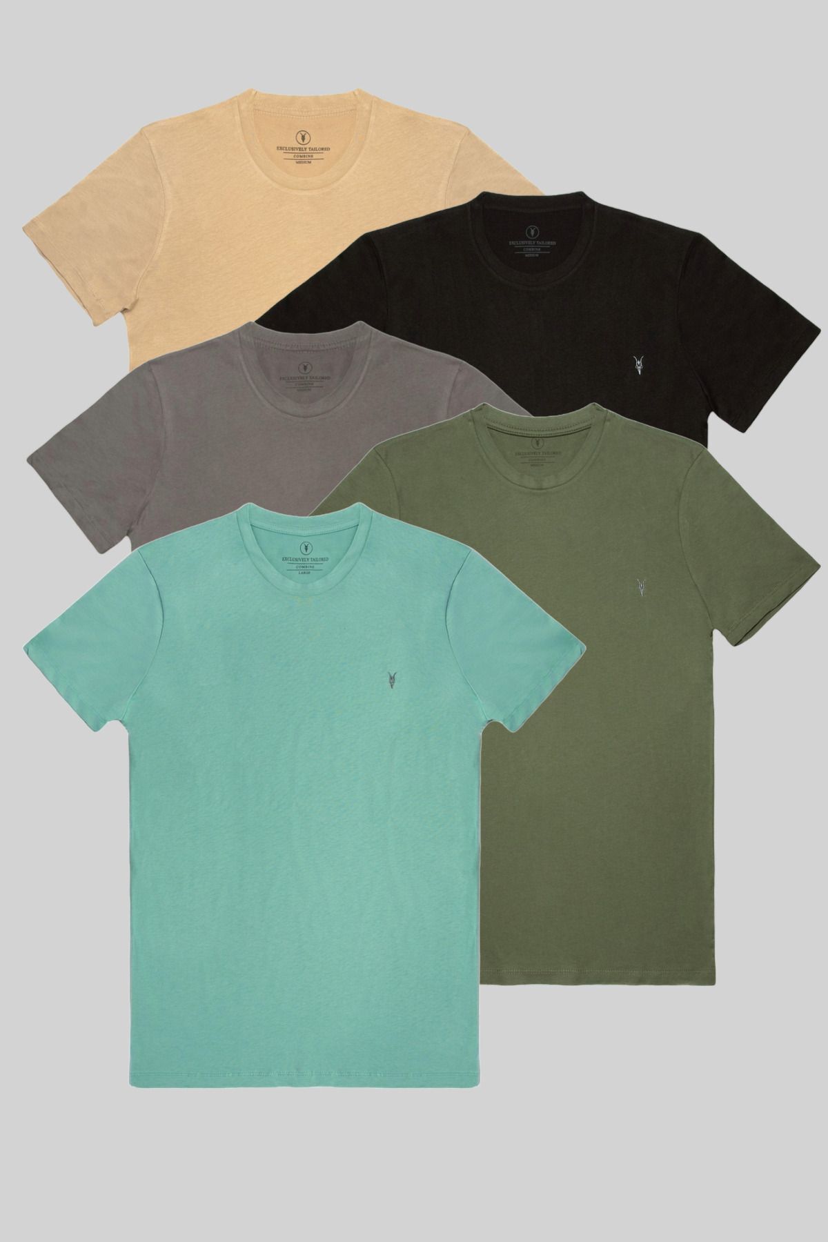 Erkek Bisiklet Yaka Slim Fit BasicBej-Siyah-Fume-Haki-Cagla Renk 5-Li T-shirt