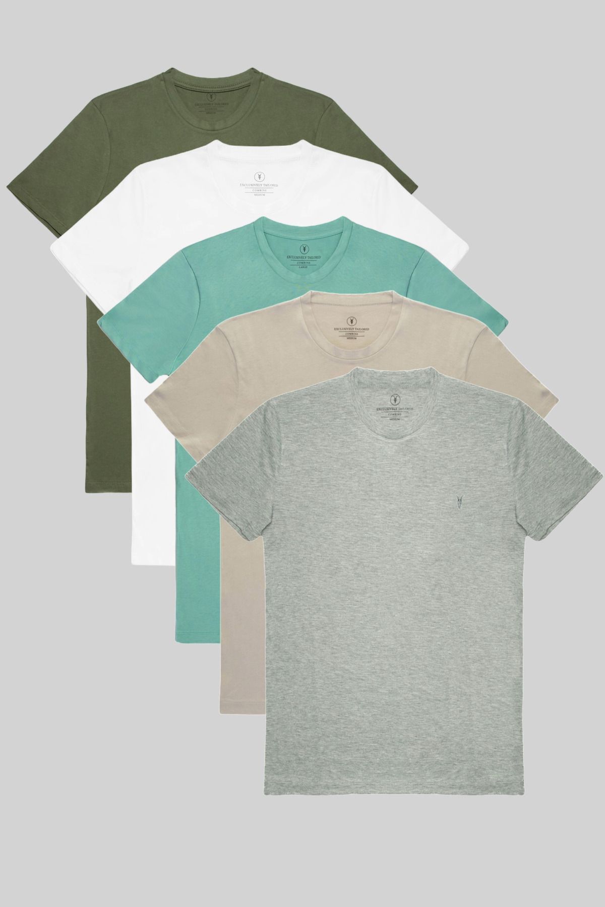 Erkek 5-Li Relaxed Fit %100 Pamuk Bisiklet Yaka T-shirt Grimelanj-Gri-Cagla-Beyaz-Haki