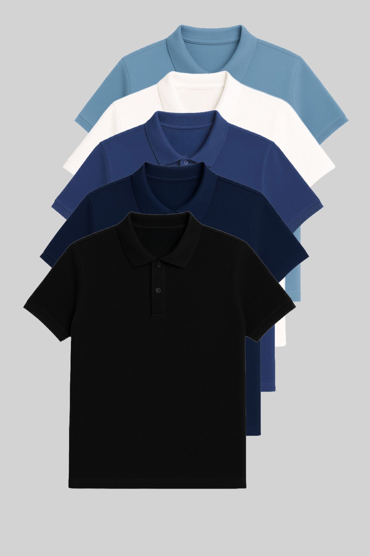 Erkek Slim Fit Polo Yaka T-shirt 5'Li Bebemavi-Beyaz-İndigo-Lacivert-Siyah