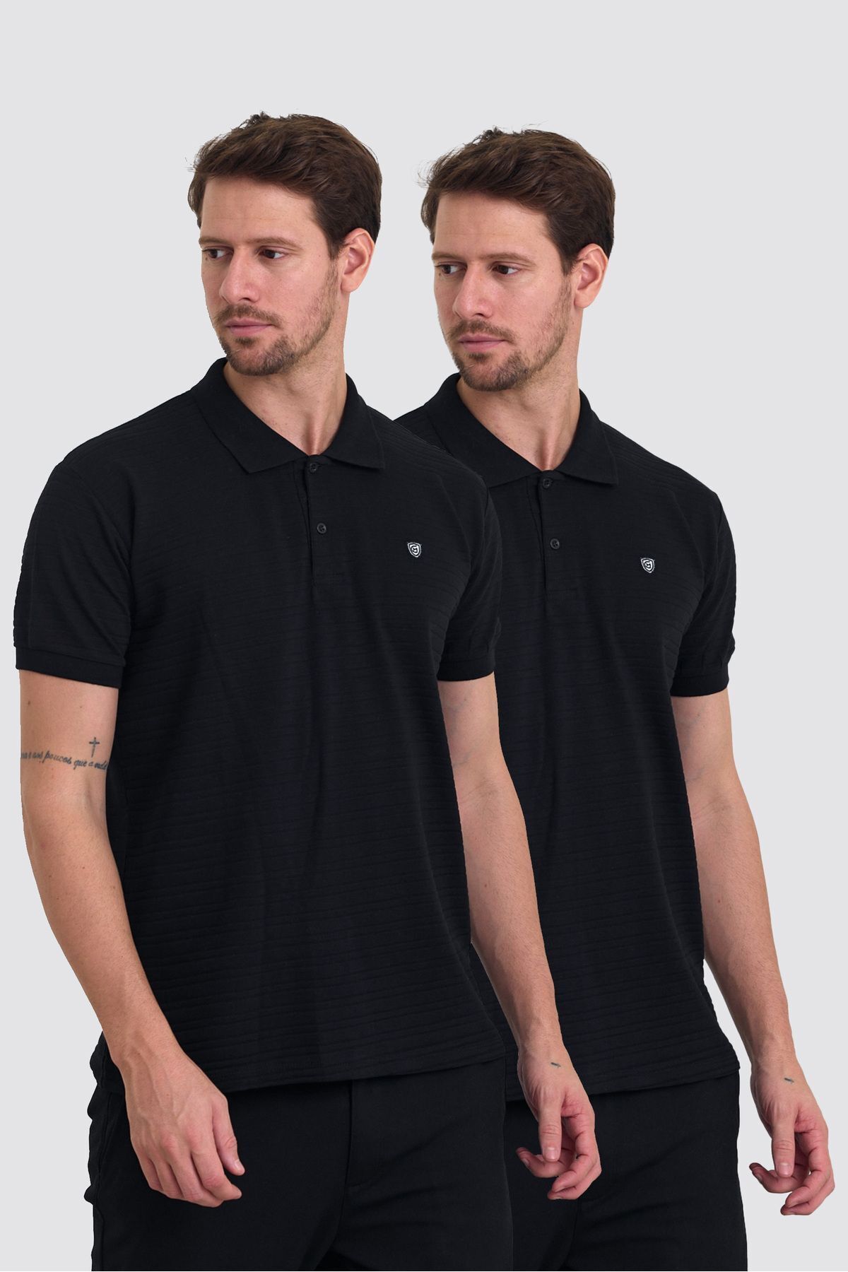 Erkek %100 Pamuklu Kumaş Slim Fit Kesim 2'Li Polo Yaka T-shirt - SİYAH SİYAH