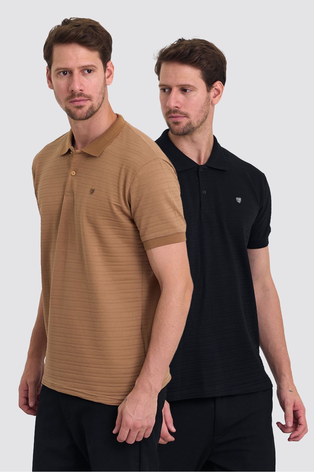 Erkek %100 Pamuklu Kumaş Slim Fit Kesim 2-Li Polo Yaka T-shirt - SİYAH KARAMEL
