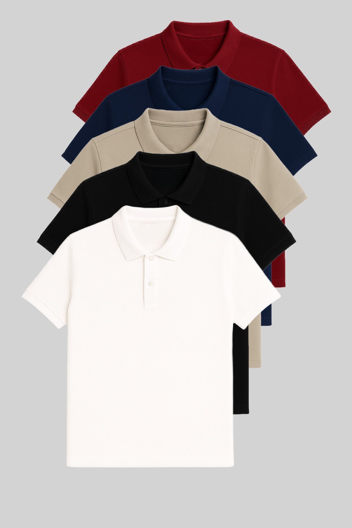 Erkek Slim Fit Polo Yaka T-shirt 5'Li Bordo-Lacivert-Gri-Siyah-Beyaz